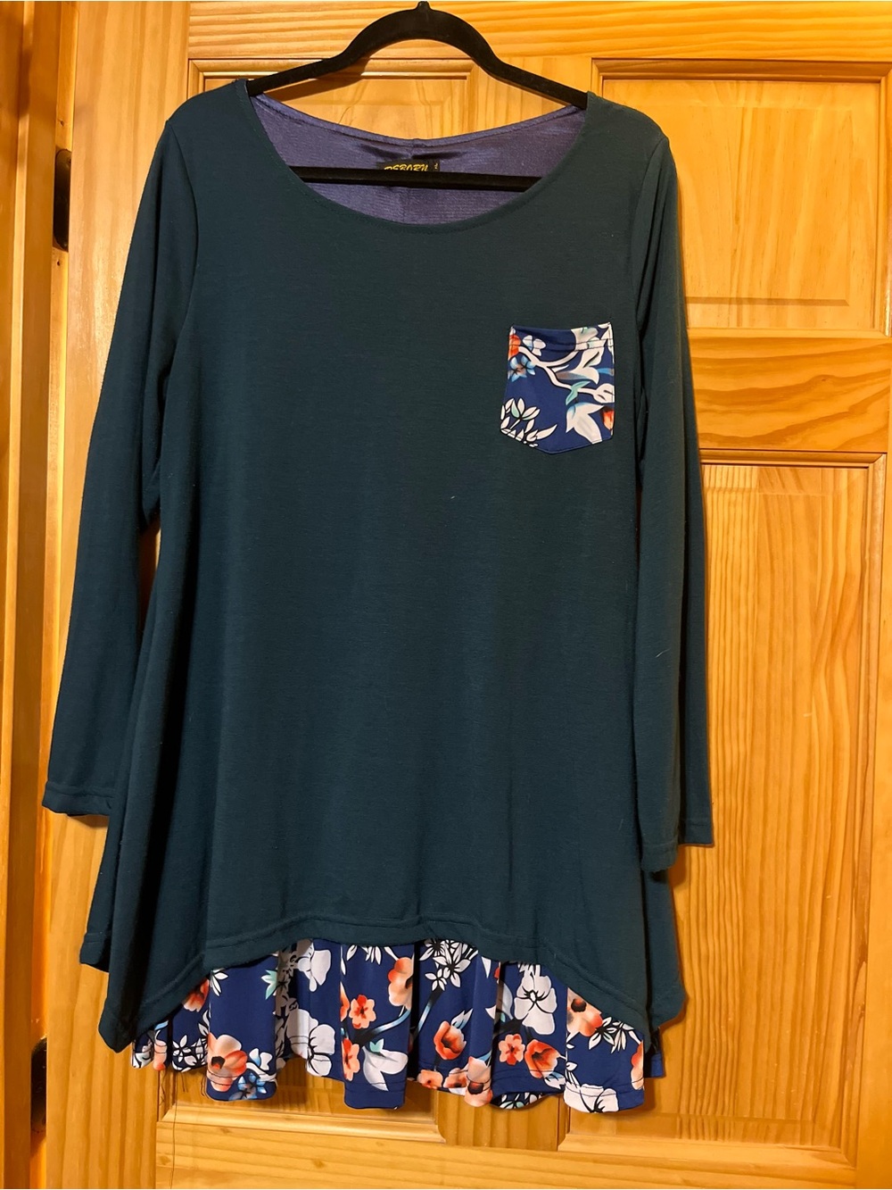 Casual Floral Hem Long Sleeve Top Tunic - Green